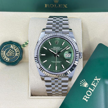 Rolex Oyster Perpetual Date Adjustable Green Dial Silver Chain